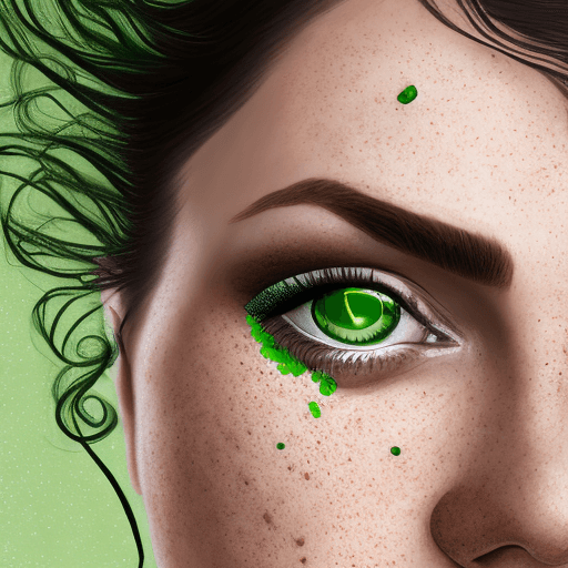 AI generated: Close-up portrait of a woman with green eyes, light freckles, and dark hair styled in loose tendrils...