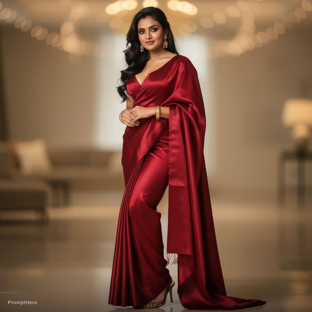AI generated: Beautiful Indian white girl wearing red saree and deep mini top and she has bigger chest and long le...