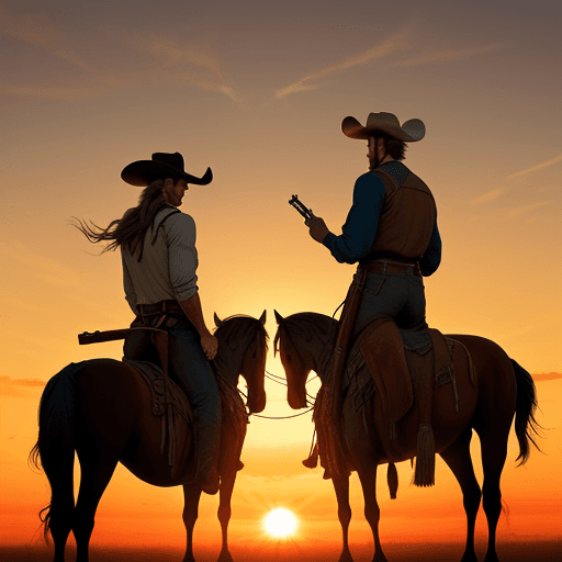 AI generated: cowboy and his gun with Lasso and horse looking at the sunset standing