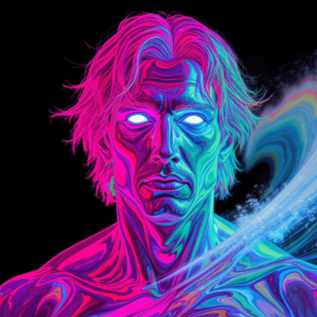 AI generated: 1man, a psychedelic bioluminescent, vibrant color palette dominated by orange, pink, green and blue ...