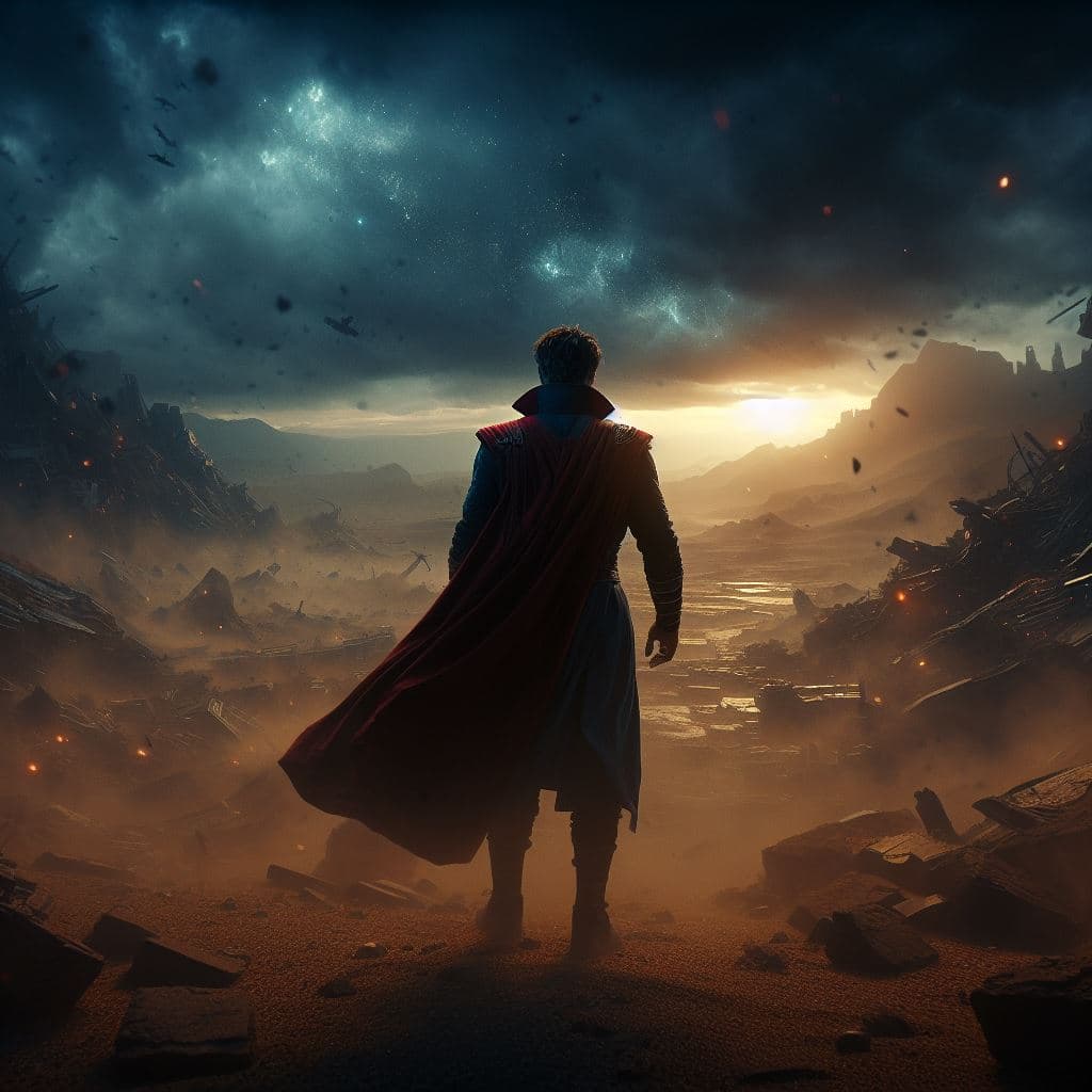AI generated: Thor vs. Doctor Strange final battle, devastated setting, desert, night, fog, endgame, realistic