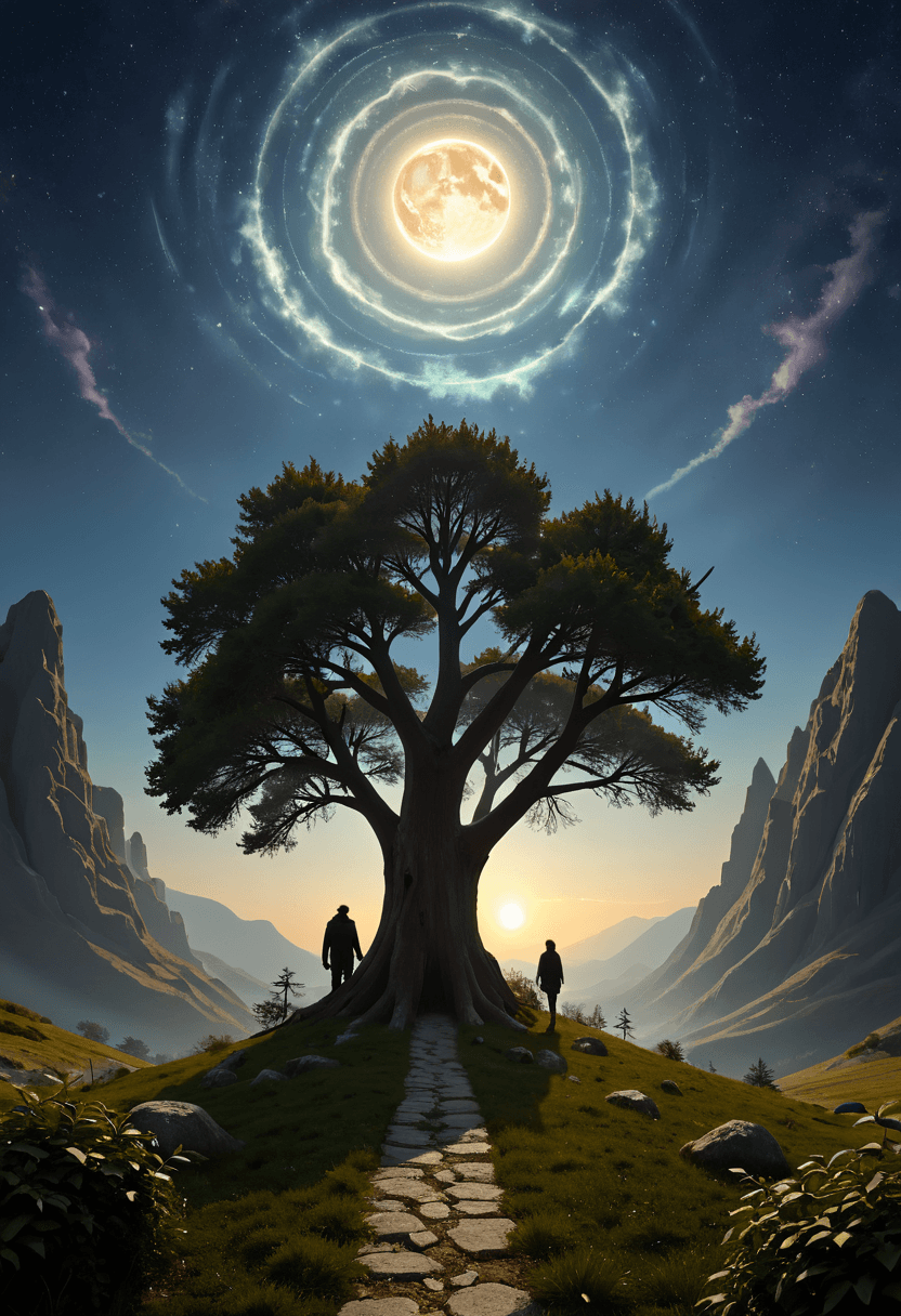 AI generated: ethereal fantasy concept art of A dense, fog-enshrouded valley where ancient, tree-like organisms ri...