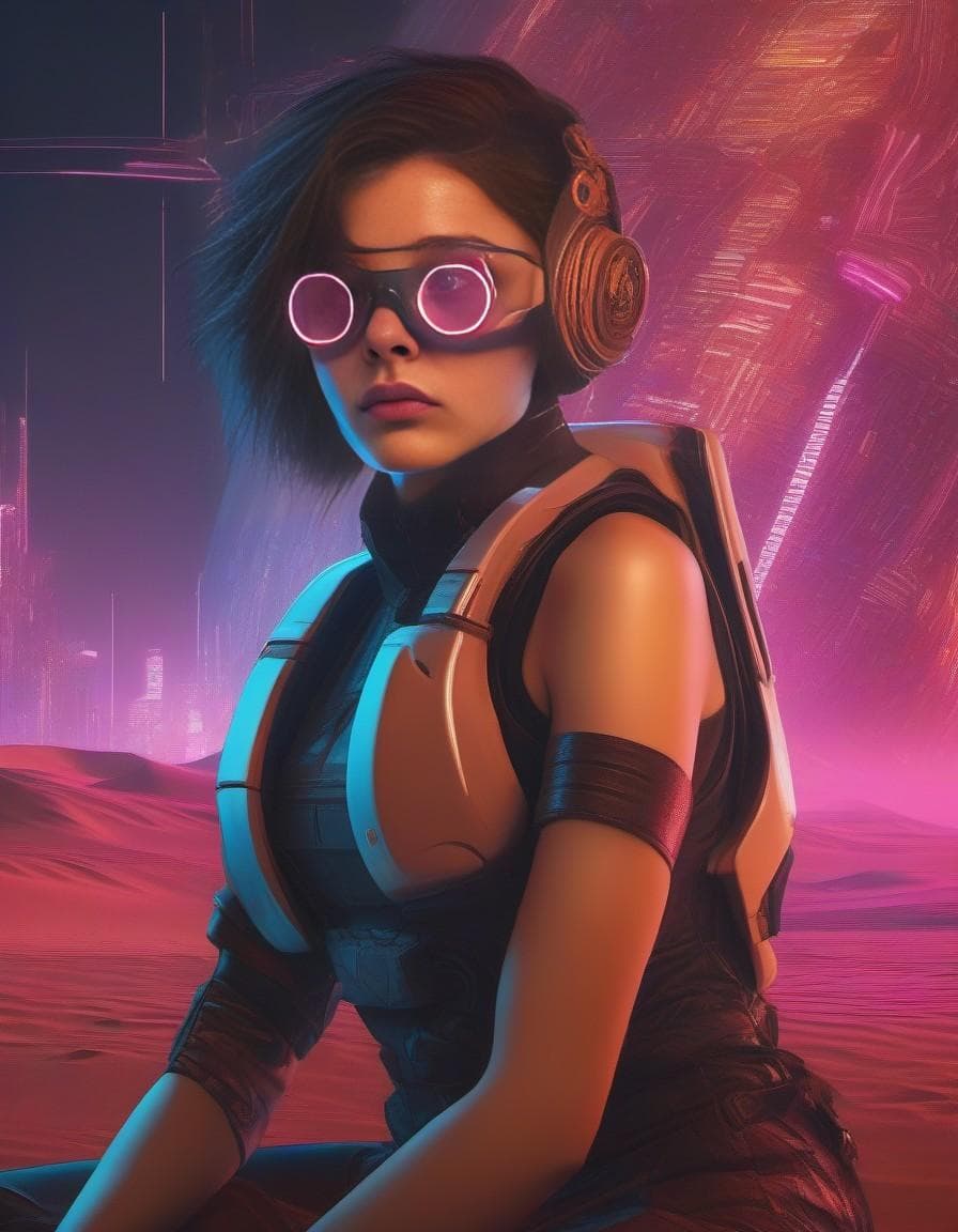 AI generated: female character wearing goggles while sitting in the desert, in the style of cyberpunk imagery, rea...