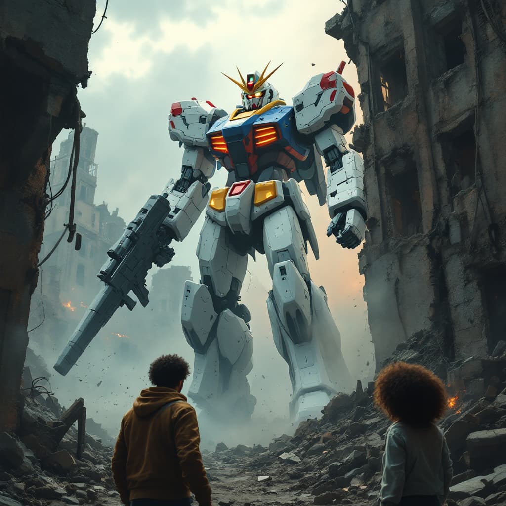 AI generated: dystopian setting, Cinematic, Hyperdimensional, 4k, Evil, Cinematic Lighting, 1 massive mecha gundam...