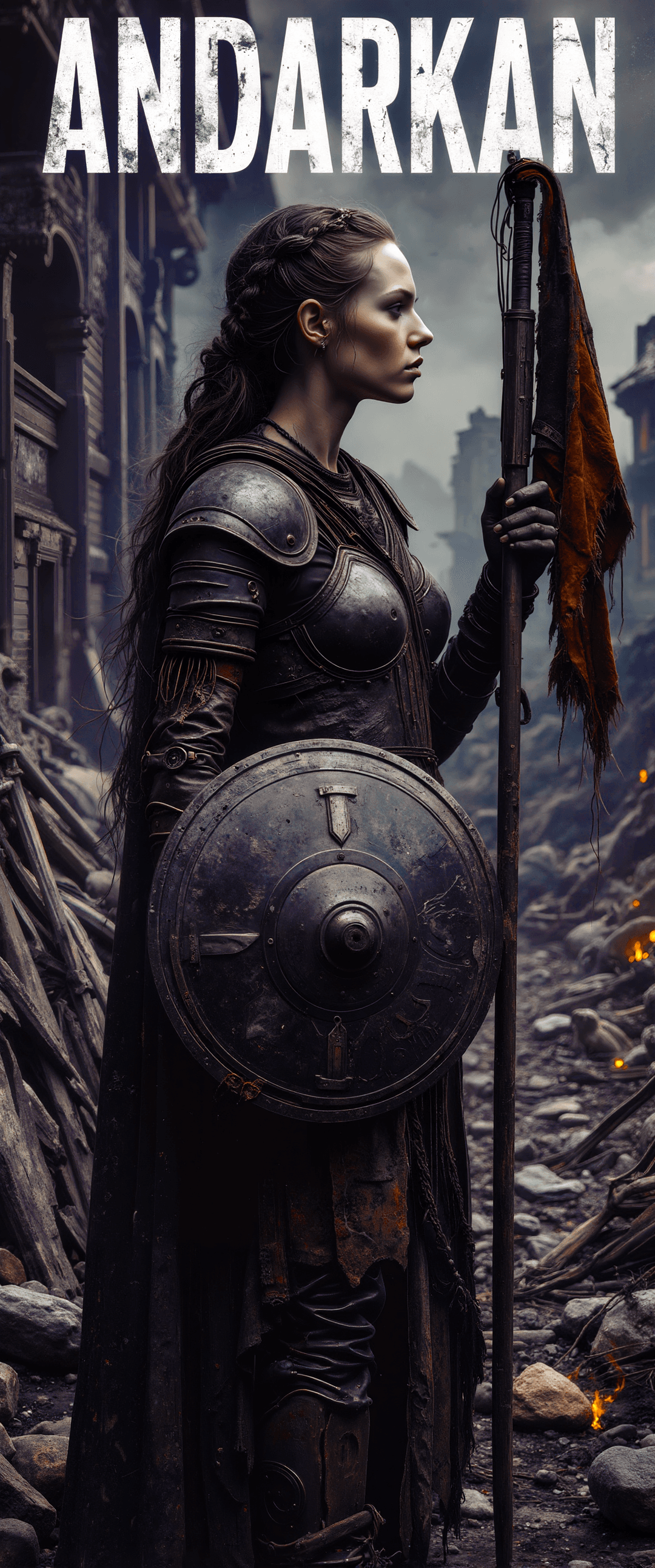 AI generated: The portrait of a Viking shieldmaiden standing amidst the ruins of a once-great village now reduced ...