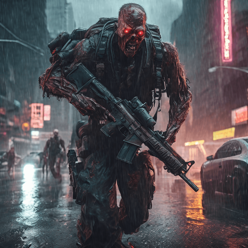 AI generated: Very ultrarealistic,cinematic,Brutal Bloody Mutant Zombie with tentakles soldier, armed, heavy gun, ...