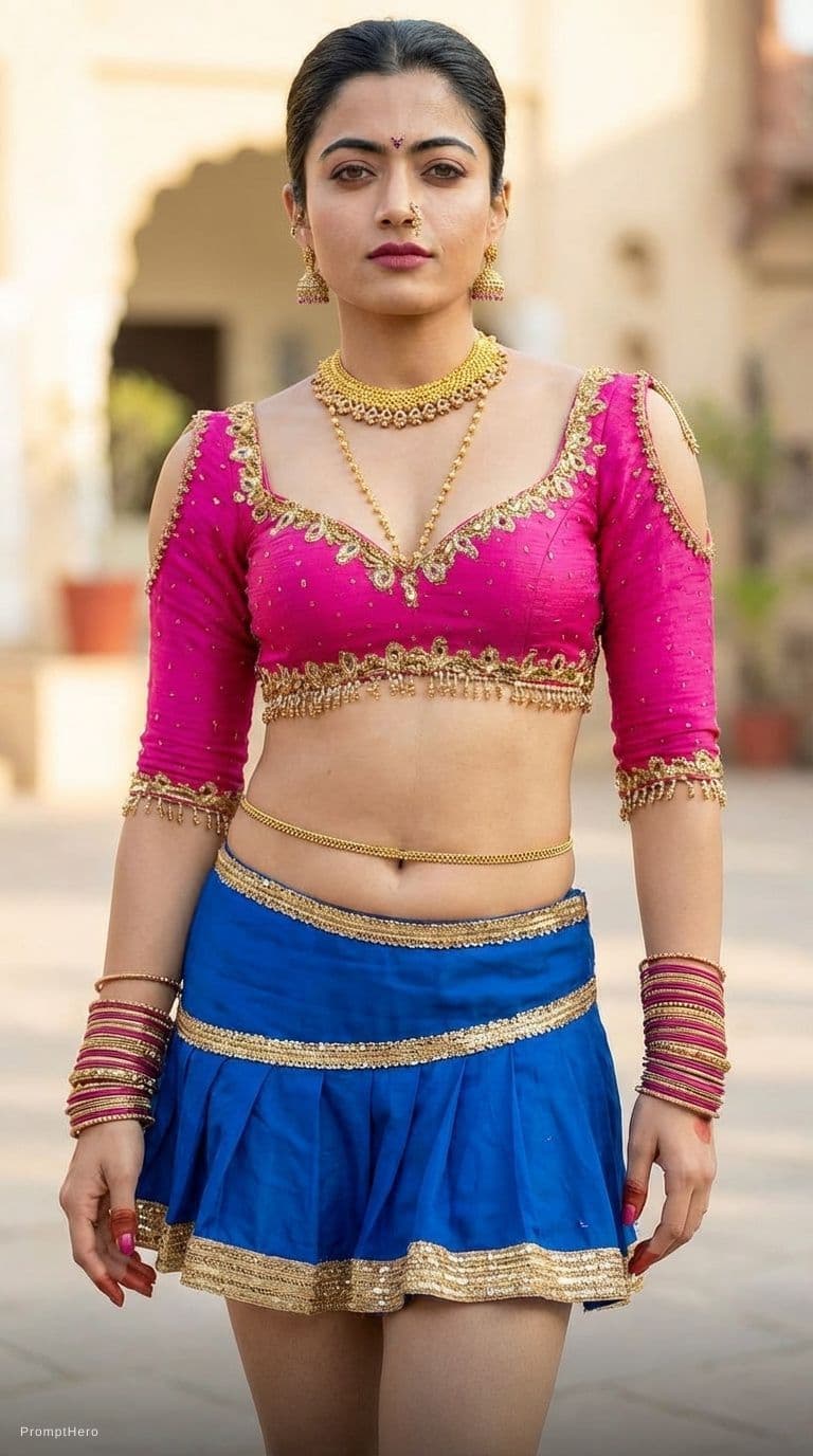 AI generated: her jewelry remain on neck. wearing blouse choli and enlarge her breast size and micro-skirt. naval ...
