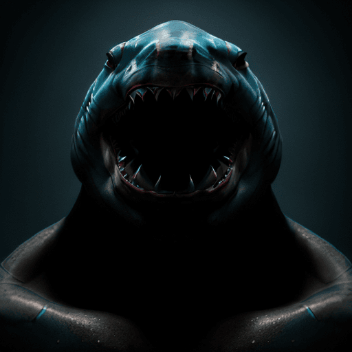 AI generated: high resolution anamorphic shark portrait, d & d, bald, muscular barbarian, blue scaley skin, fish h...