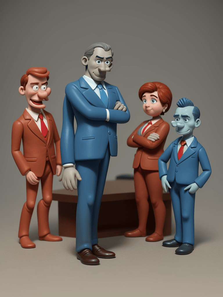 AI generated: Full length view, 50 year old man, boss-like, confident, friendly, arms crossed, wearing a blue suit...