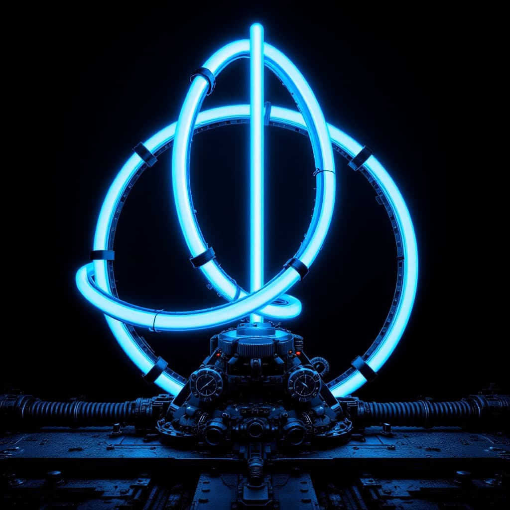 AI generated: 
welding workshop
intertwined neon tubes in a bright blue color, front view, set against a dark back...