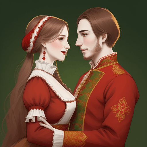 AI generated: young and happy husband and wife in Russian traditional costumes, in red tones, correct facial anato...