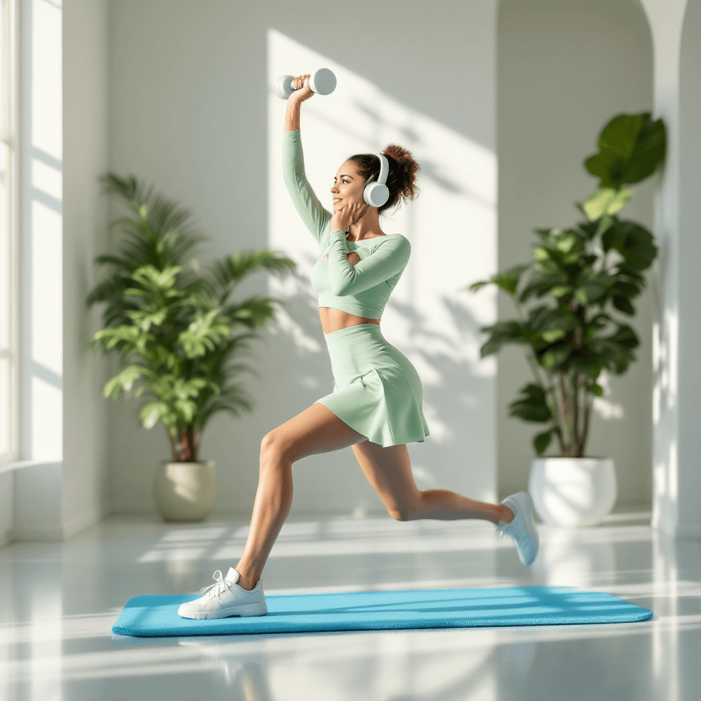 AI generated: A modern, bright indoor gym scene featuring a woman working out. She is positioned in a dynamic pose...