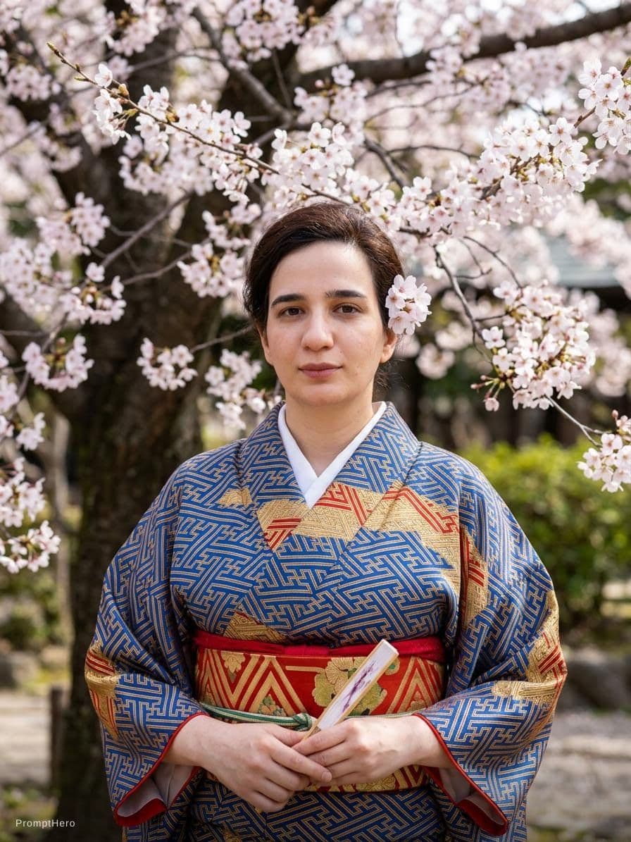 AI generated: Neon Geometrics, The image features a beautiful Japanese woman wearing a traditional kimono, which i...