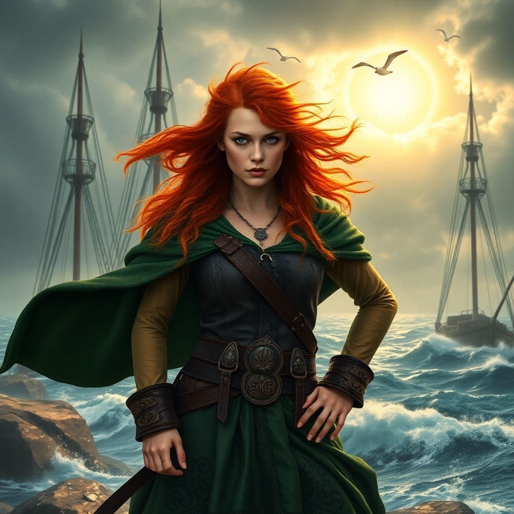 AI generated: Gráinne O'Malley, the legendary Irish pirate queen, stands defiantly at her rugged sea port, her sta...