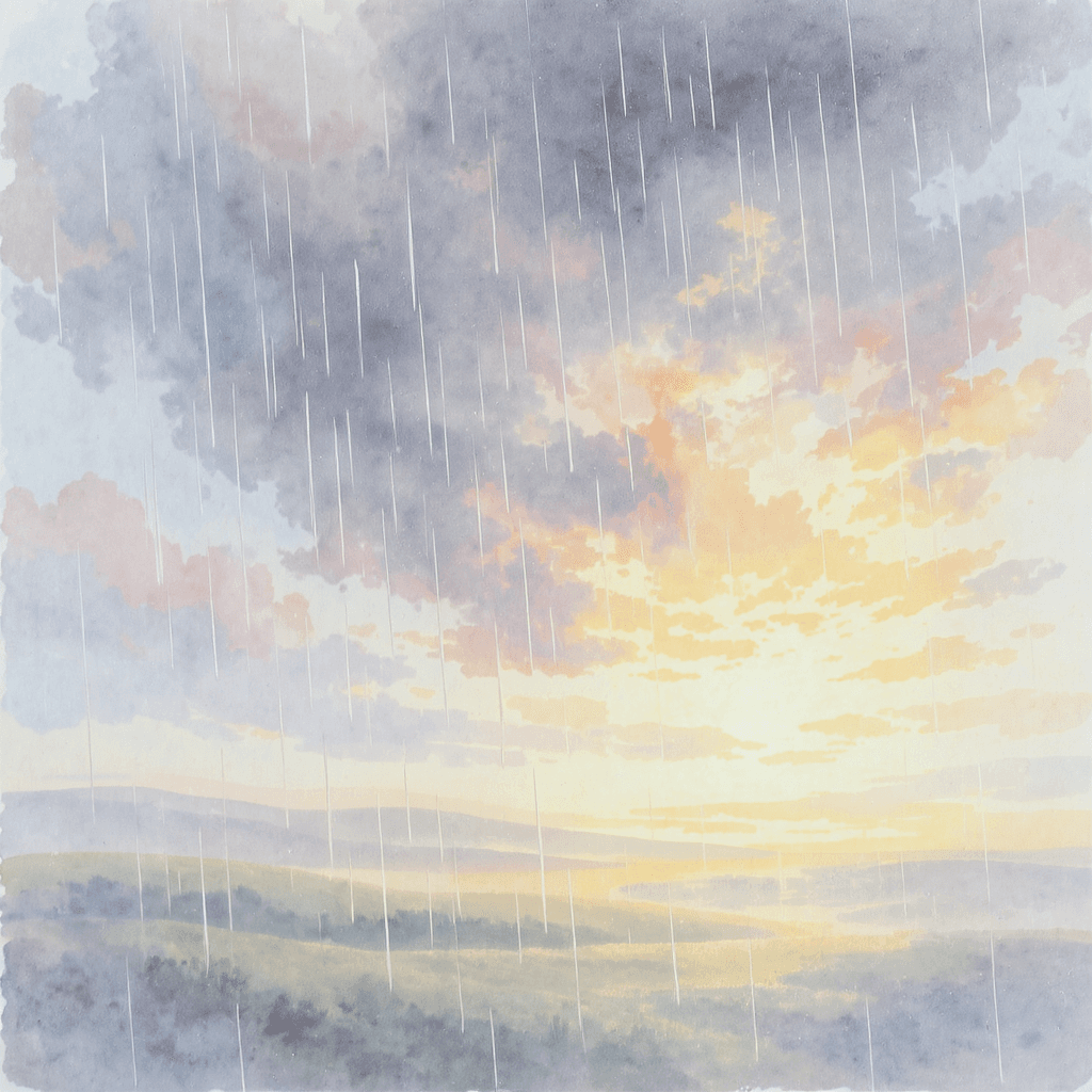 AI generated: A delicate watercolor scene depicting the moment when the last gray sky releases its rain, soft drop...