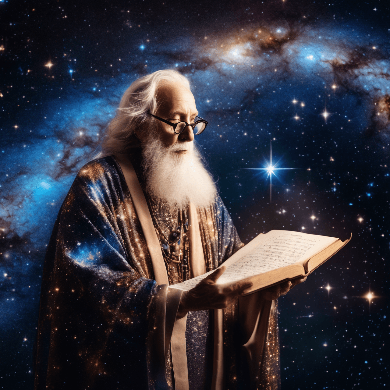 AI generated: A cosmic poet, aged 72, adorned with celestial robes, stands amidst a celestial nebula, quill in han...