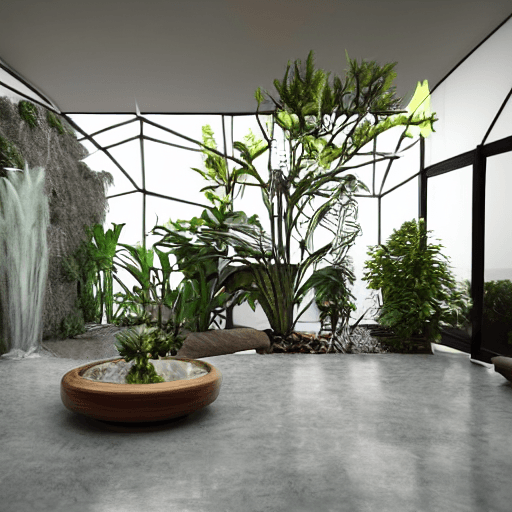 AI generated: environment living room interior, mid century modern, indoor garden with fountain, retro,m vintage, ...