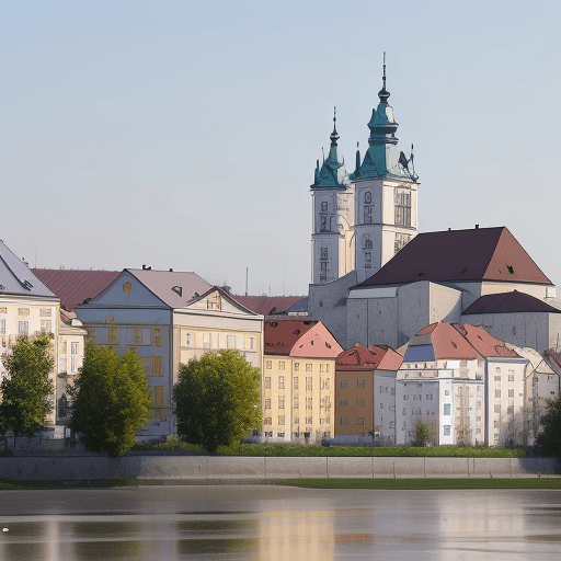 AI generated:  mesto Bratislava v roku 3100 plne mrakodrapov z dialky s milion obyvatelmi












