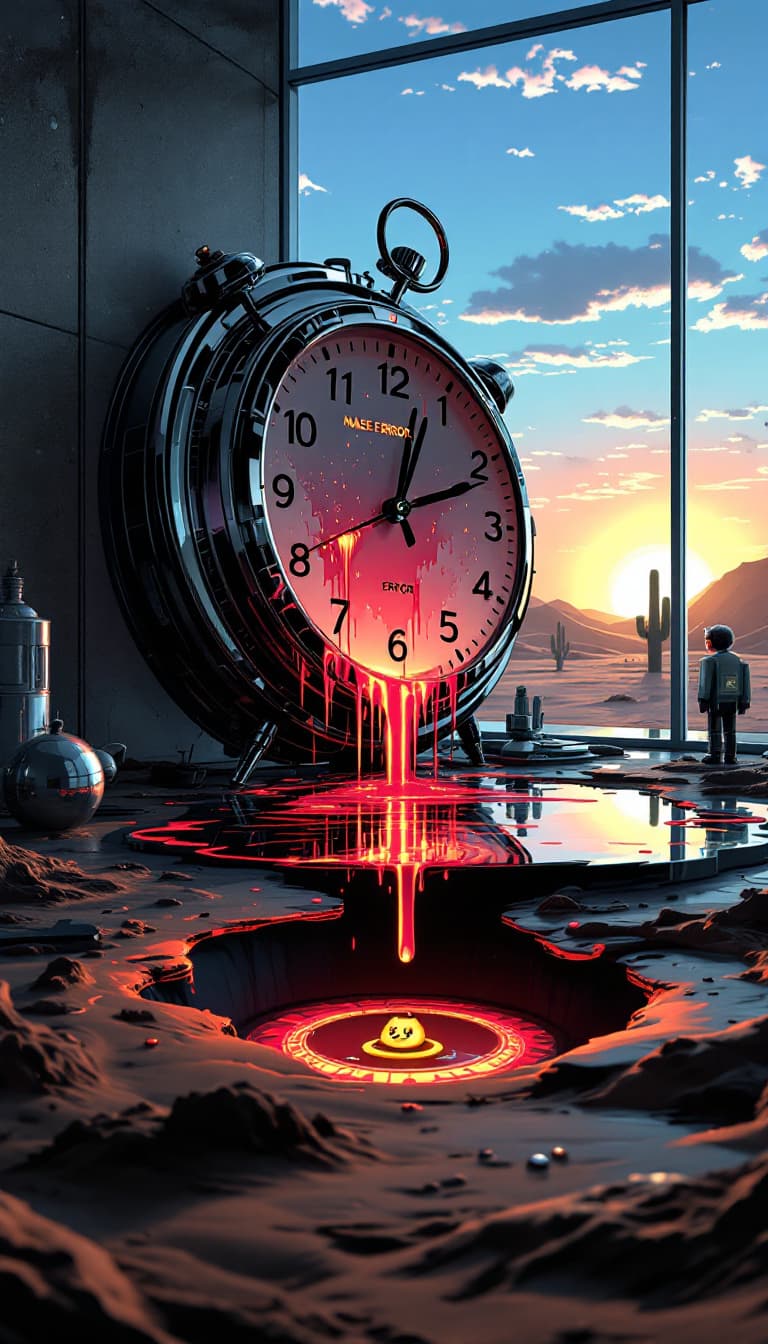 AI generated: A sterile office with a melting Dali-style clock. A glitchy 8-bit avatar (neon hair) winks as a blan...
