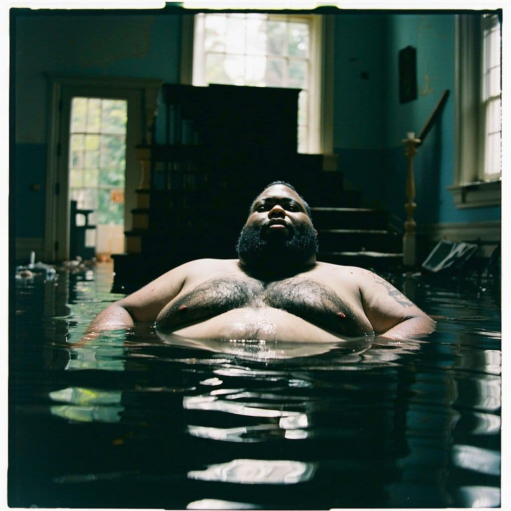 AI generated: grainy 80's photograph quality polaroid of big fat round black man drowning caught in an abandoned h...