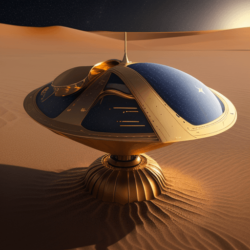 AI generated: realistic oval gold shiny metal spaceship landing on the orange dessert dust sand waves ultramarine ...