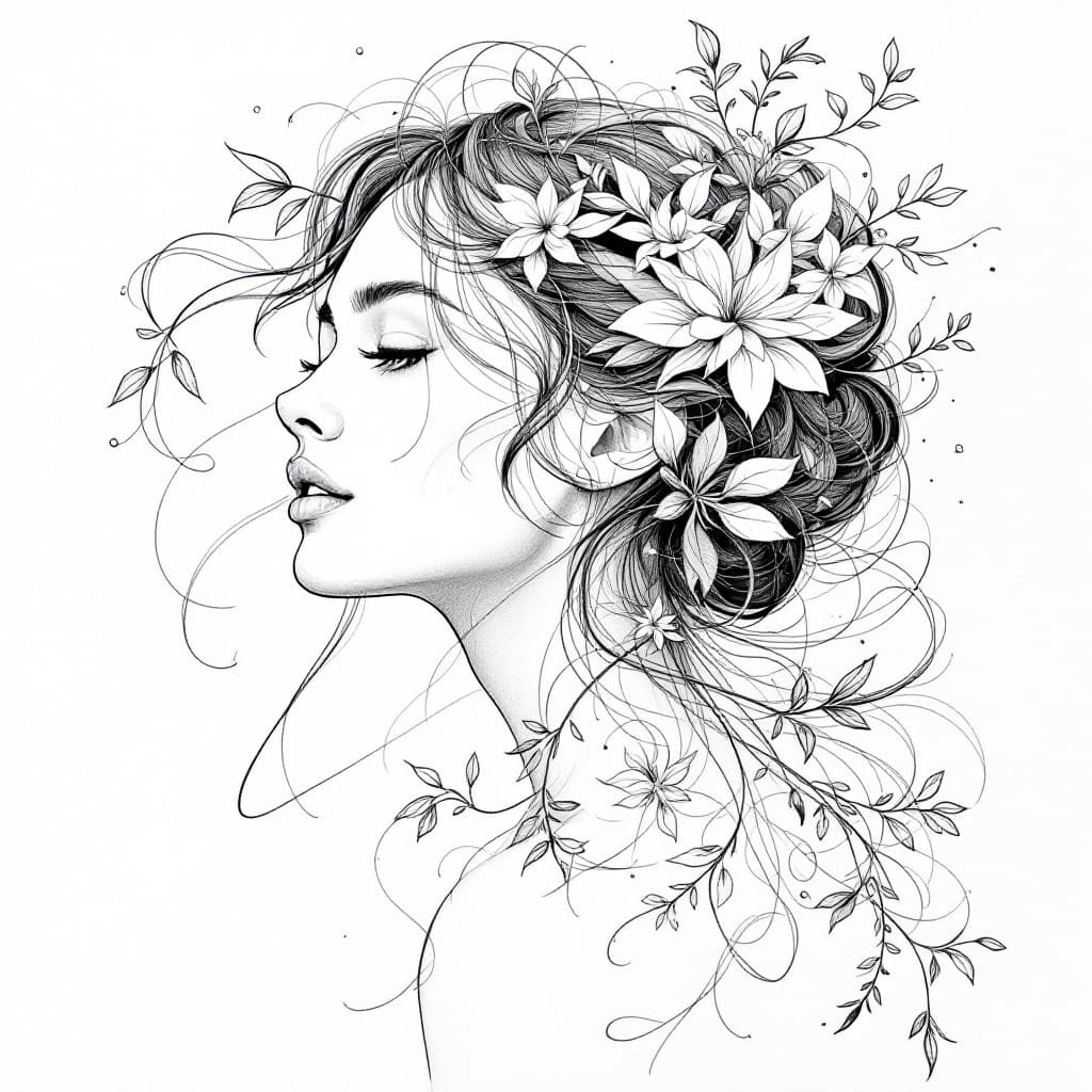AI generated: Create a beautiful, intricate drawing of a woman in a nature-inspired, art nouveau style. The figure...
