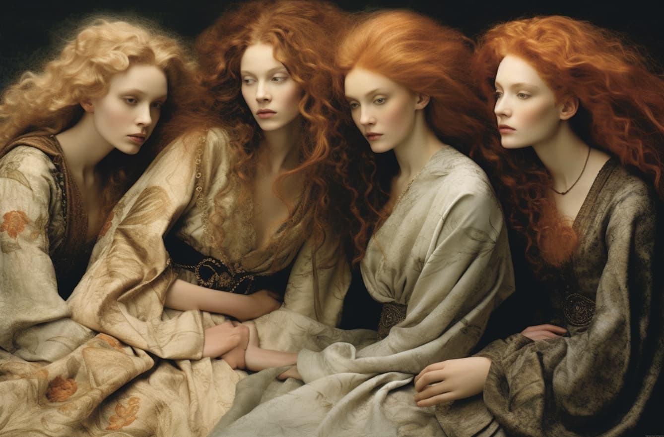 AI generated: a group of women sitting next to each other, by Annie Leibovitz, renaissance, hair flowing, karol ba...