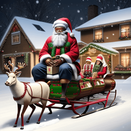 AI generated: Hyper realistic african american santa sitting on his sleigh filled with presents. There are nine re...