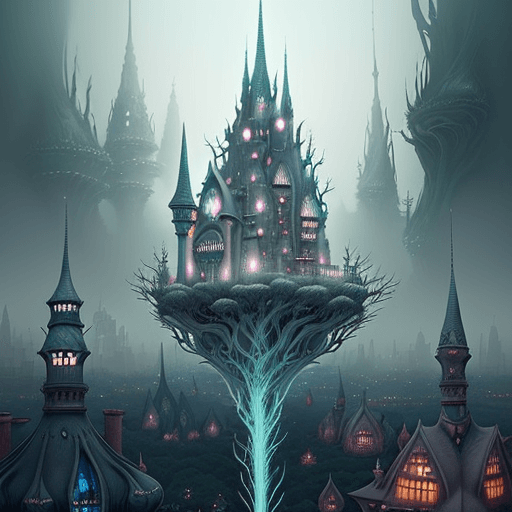 AI generated: Create a digital illustration that combines elements of fantastical landscapes and detailed urban en...
