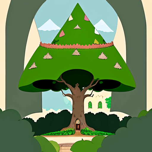 AI generated: Illustration: A majestic tree with a secret door and cheerful lutins around it, wearing pointed hats...