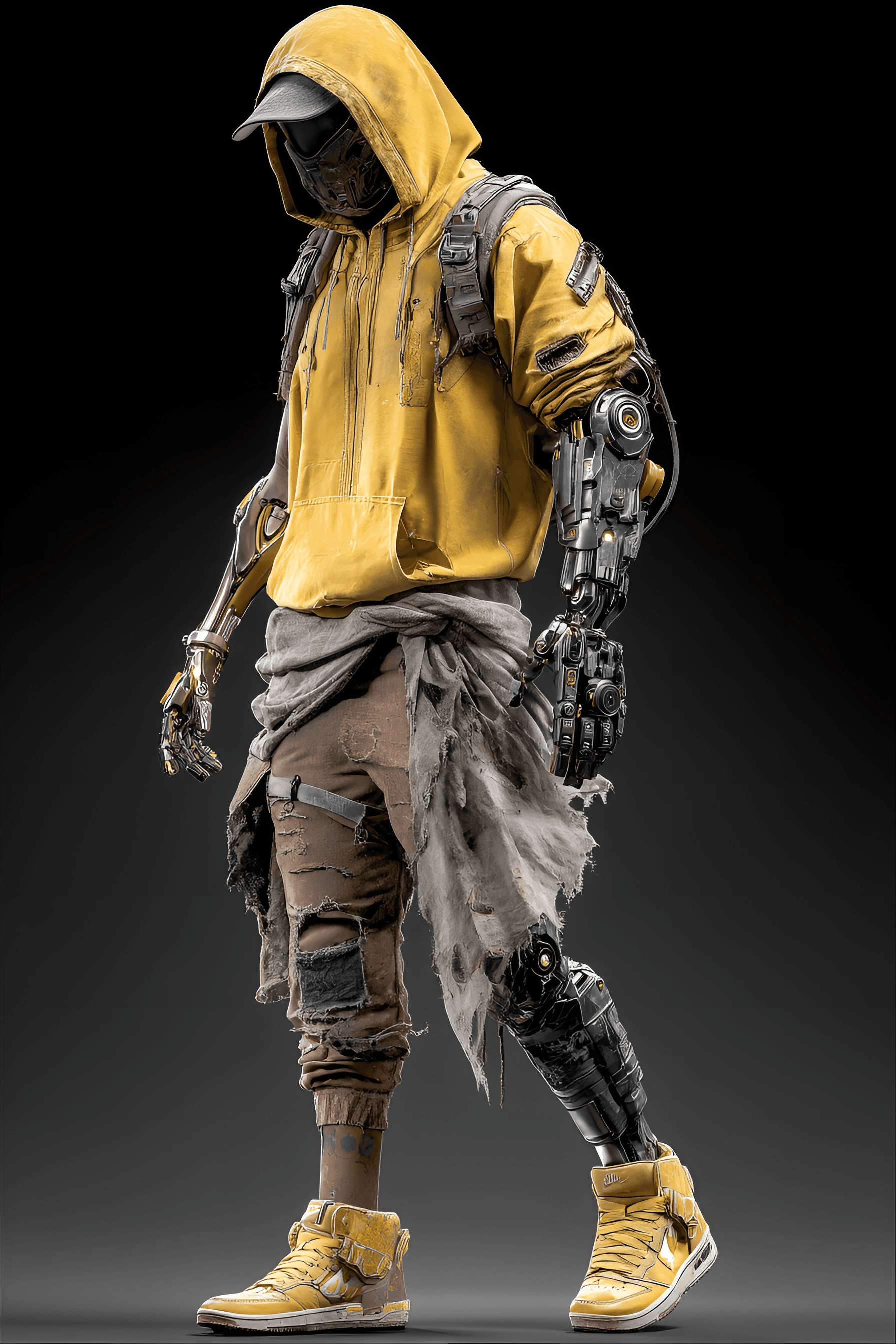 AI generated: futuristic character blending advanced technology with traditional, rugged clothing. The black backg...