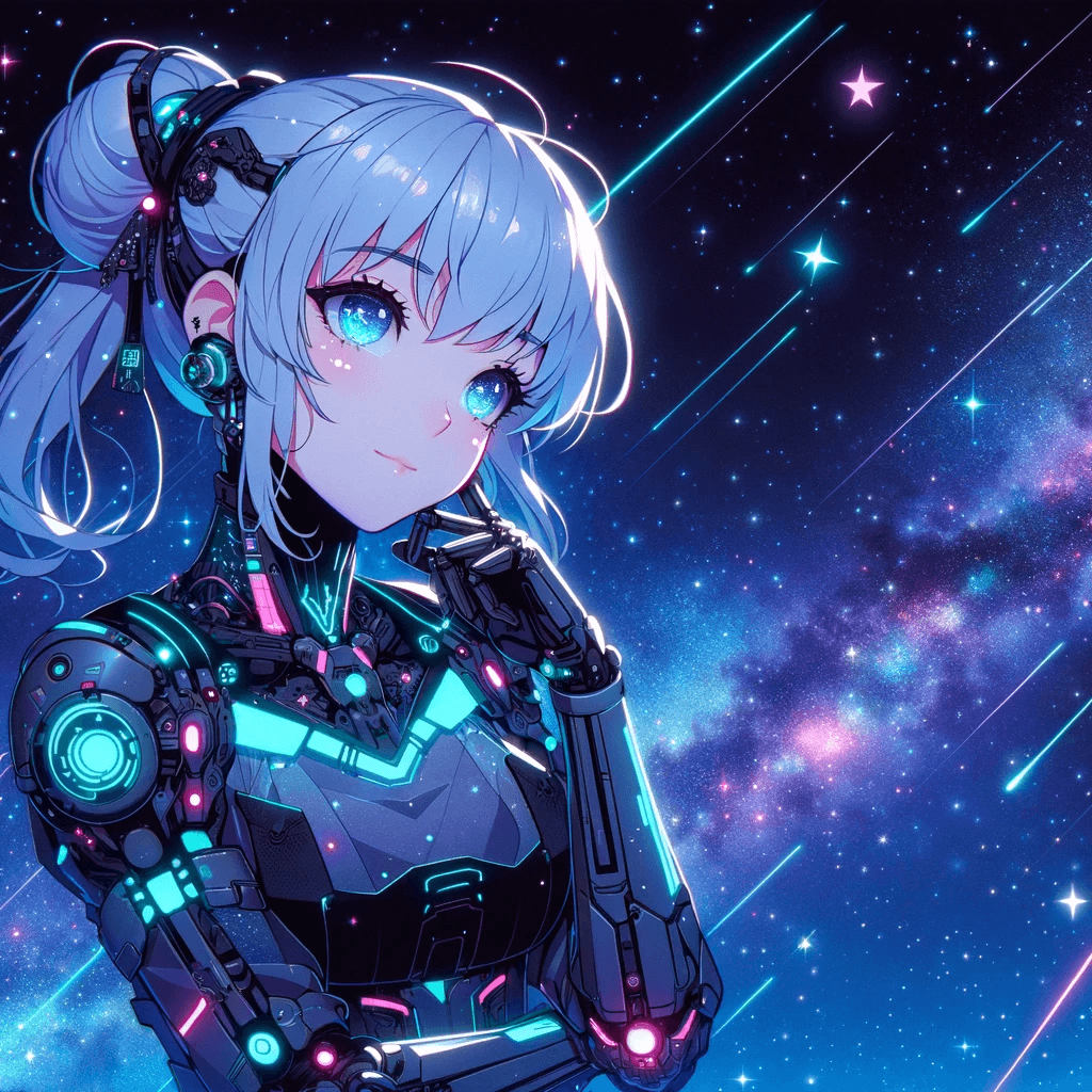 AI generated: An anime-style illustration of a cyberpunk woman in space, calm and deep in thought amongst the star...