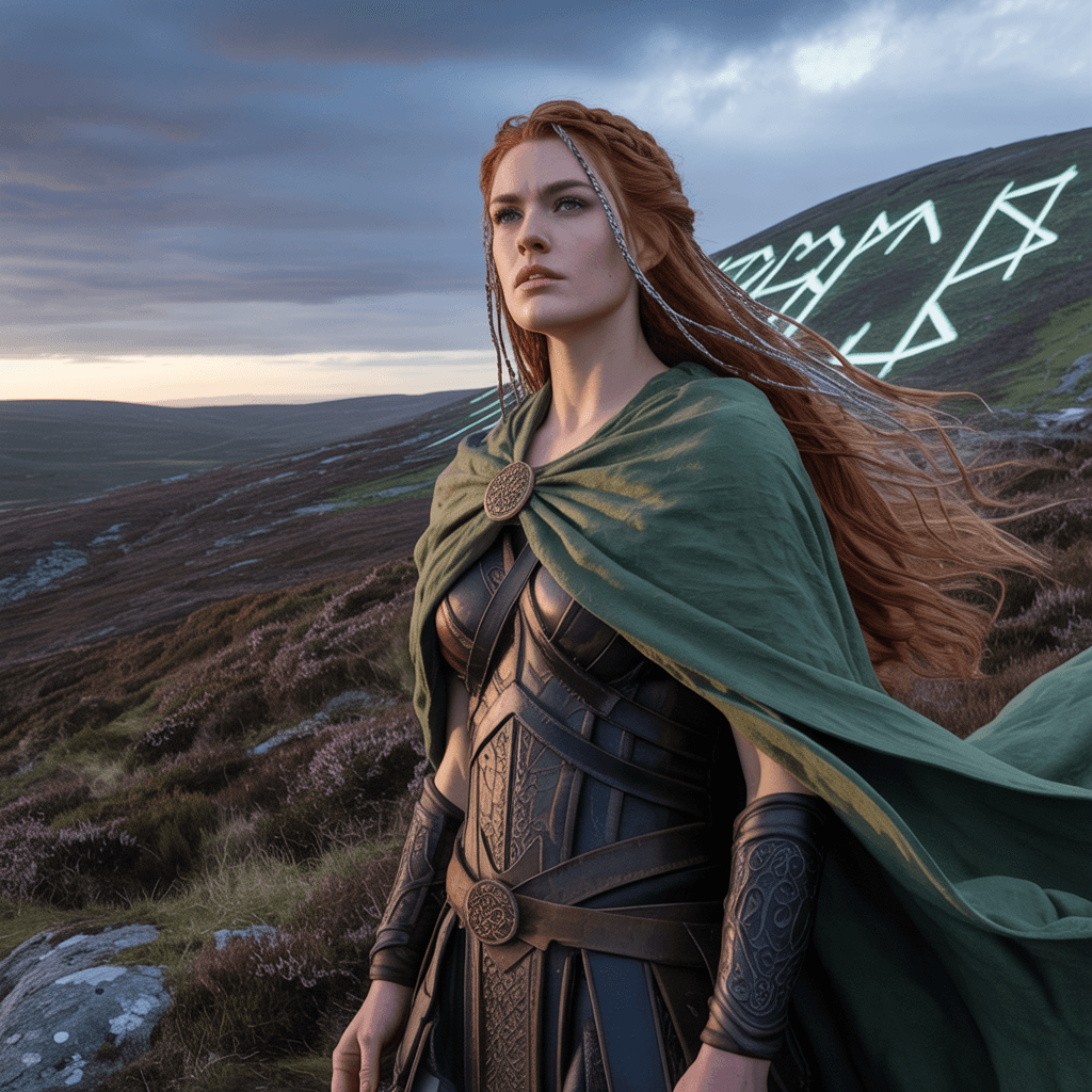 AI generated: "A Celtic warrior queen standing defiantly atop a windswept hill with glowing runes"