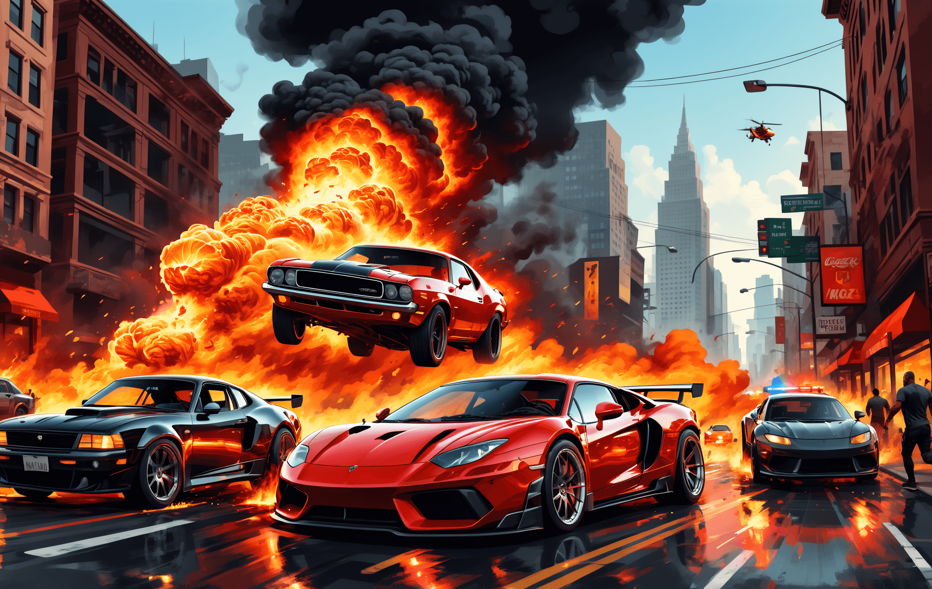 AI generated: (Action film photograph) a Porsche is (flying high through the air), being driven by an action star....
