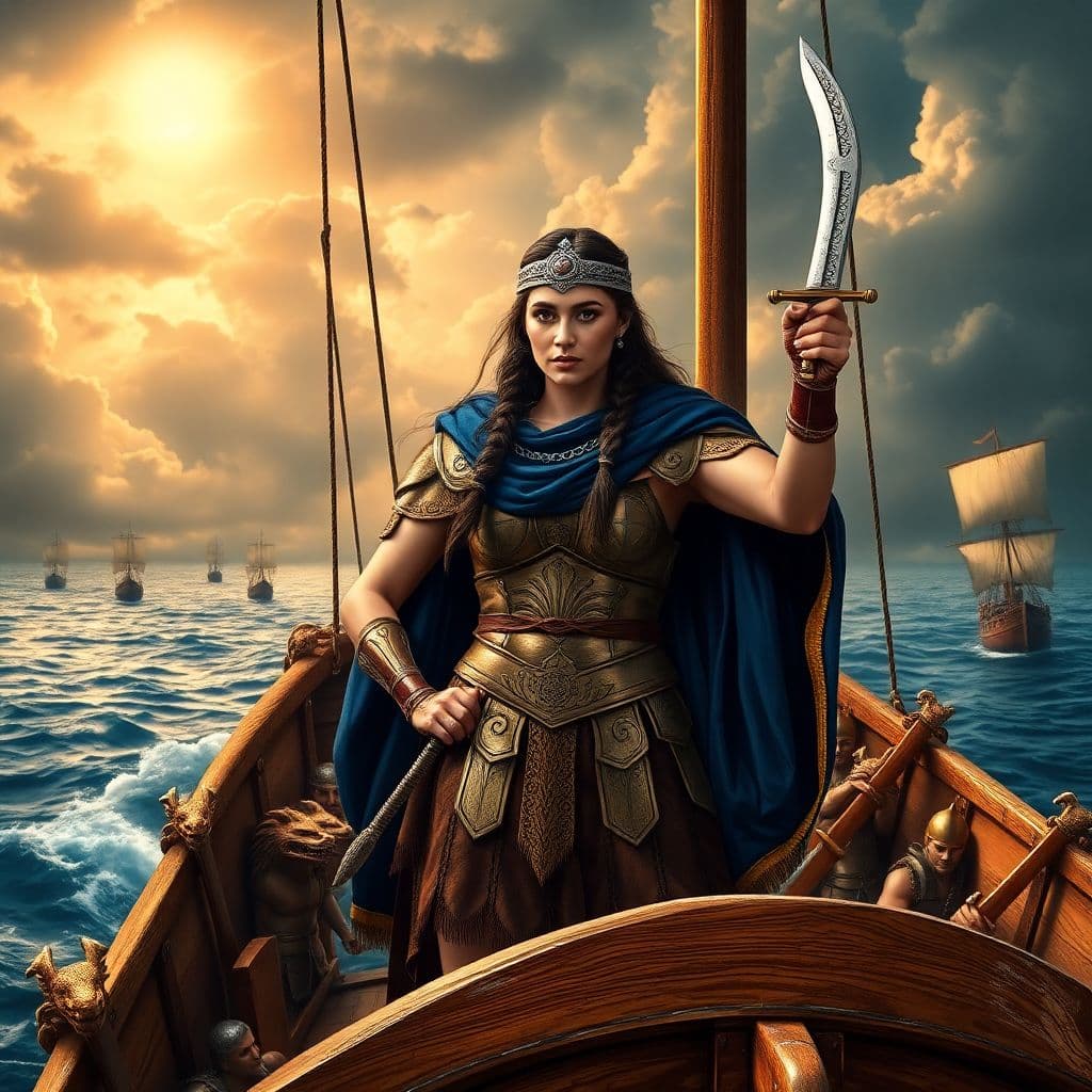 AI generated: Prompt: A powerful and determined Queen Teuta of Illyria stands at the prow of her warship, sailing ...