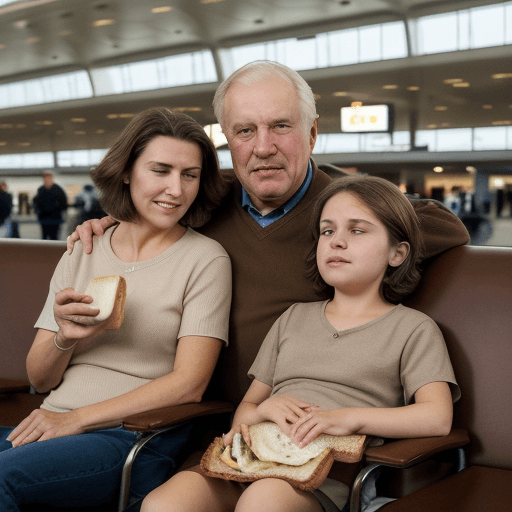 AI generated: An elderly Caucasian man with short brown hair sits on a couch surrounded by his family - a middle-a...