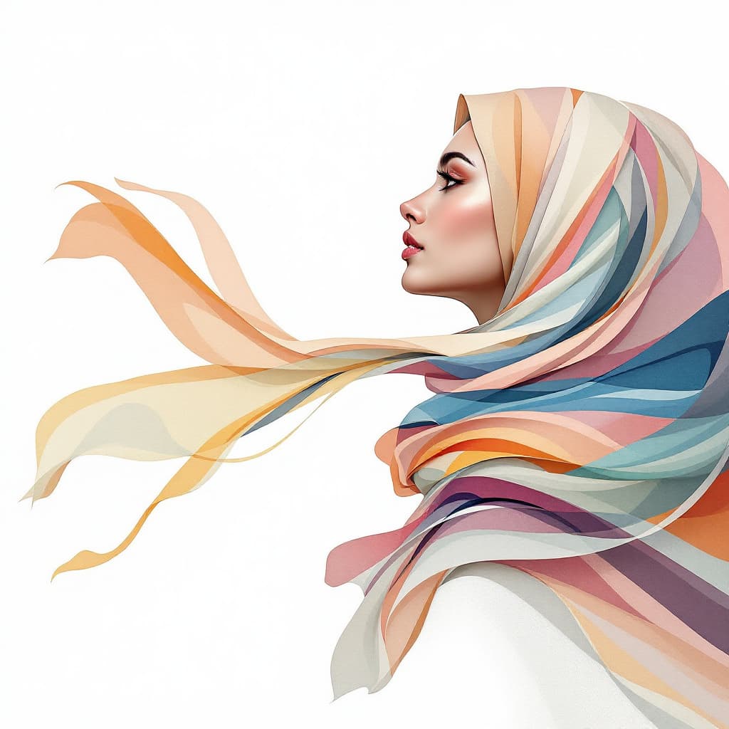 AI generated: a beautiful Iranian woman, wearing scarf flowing in wind, looking horizon, painting by Lois van Baar...