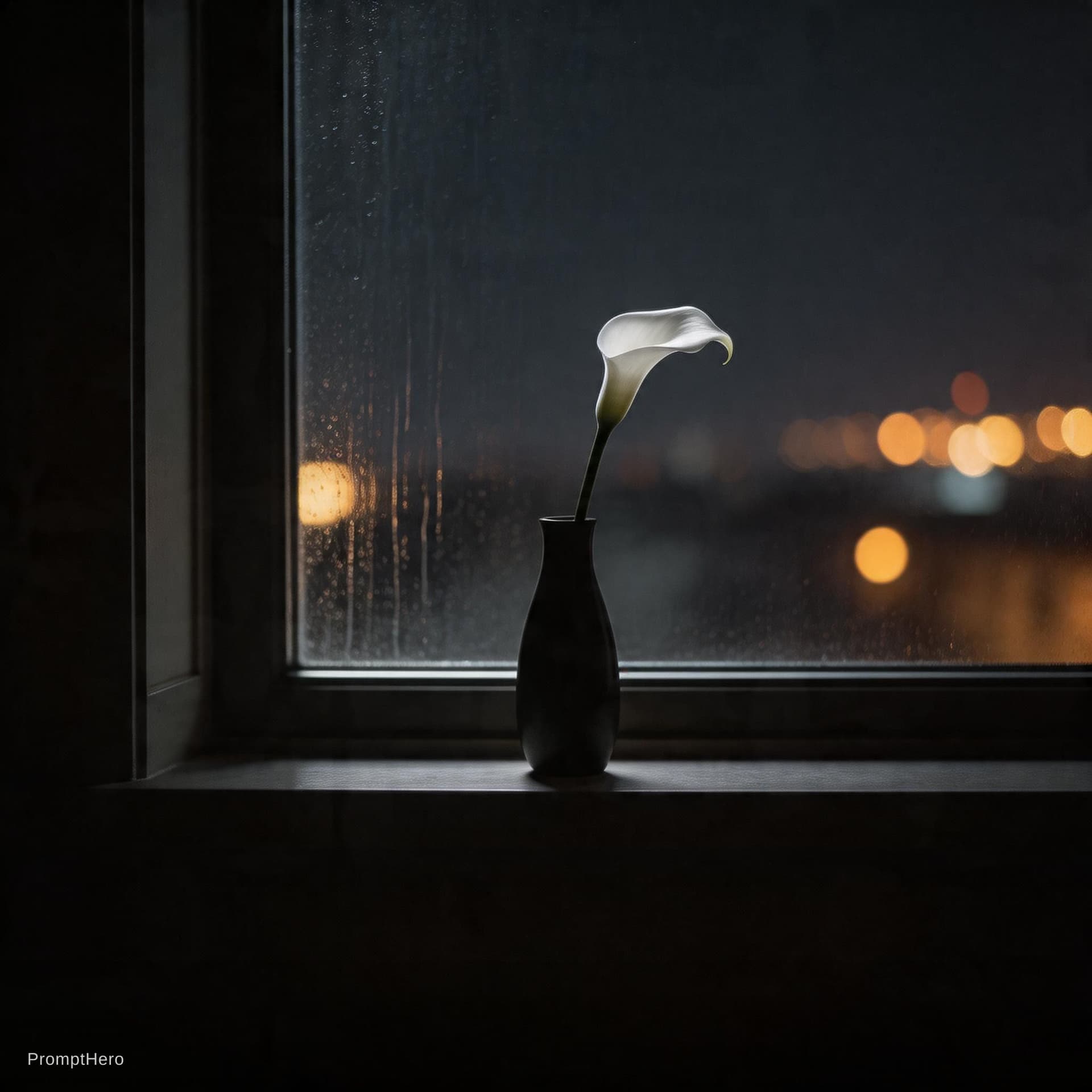 AI generated: A minimalist view of a rainy window at night from inside a dark luxury room. The silhouette of a sin...