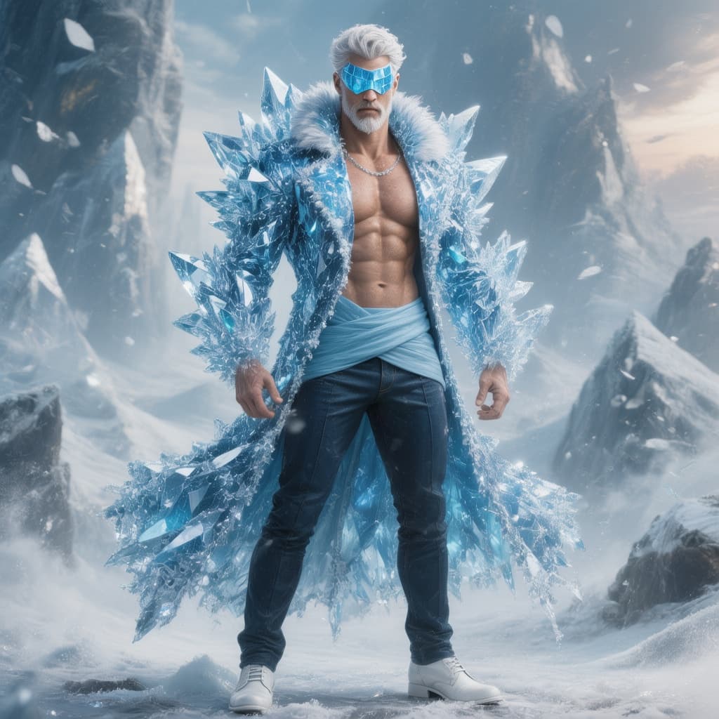 AI generated: an attractive muscle man with the power to control ice wearing a crystal blue coat with and a light ...