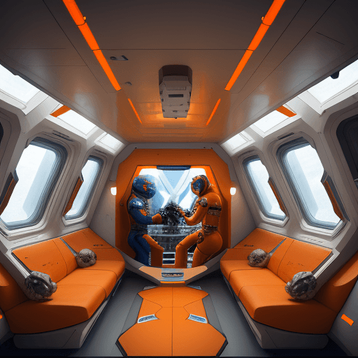 AI generated: general view of the interior of a spaceship with some windows to observe, space station outside, ins...