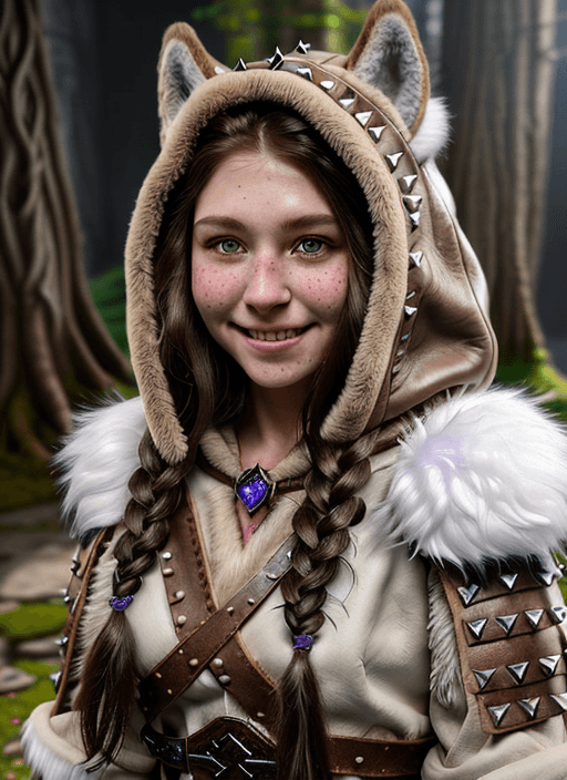 AI generated: ultra realistic druid gnome, wolf head hooded leather brown studded armor with fluffy white fur!!! l...