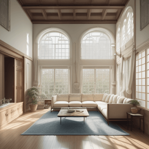 AI generated: Higeh resolution photography interior design, dreamy sunken living room conversation pit, wooden flo...