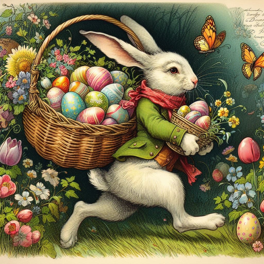 AI generated: Easter hare placing easter eggs in a springtime garden, classic german drawing in the style of Fritz...