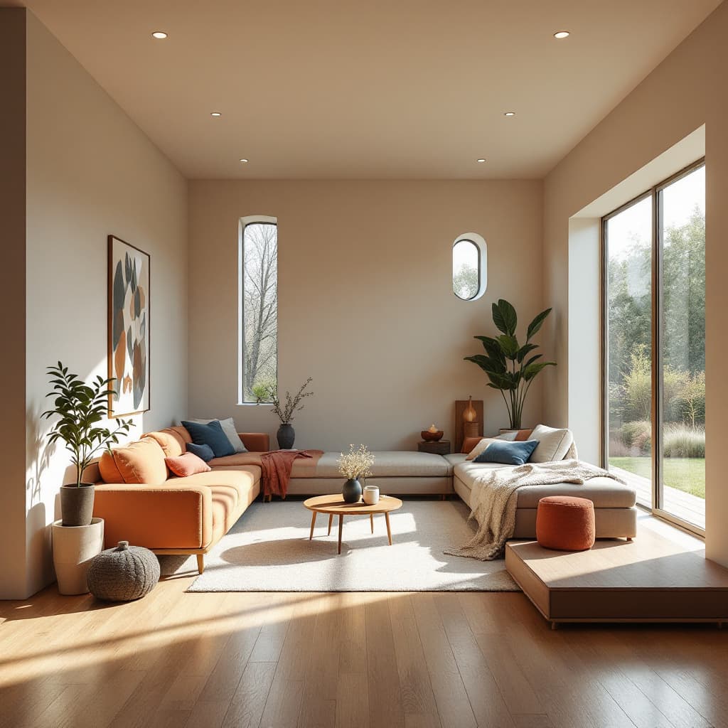 AI generated: High resolution photography interior design, dreamy sunken living room conversation pit, wooden floo...