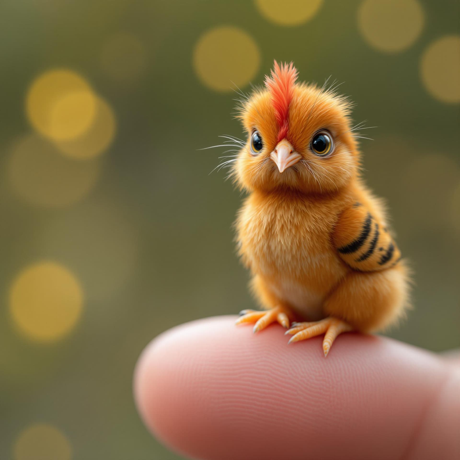 AI generated: A hyper-realistic digital rendering of an impossibly tiny hen perched on a human fingertip. The hen,...