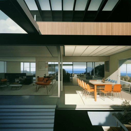 AI generated: Hyper realistic eye level exterior photo of a mid century modern style house overlooking the ocean, ...