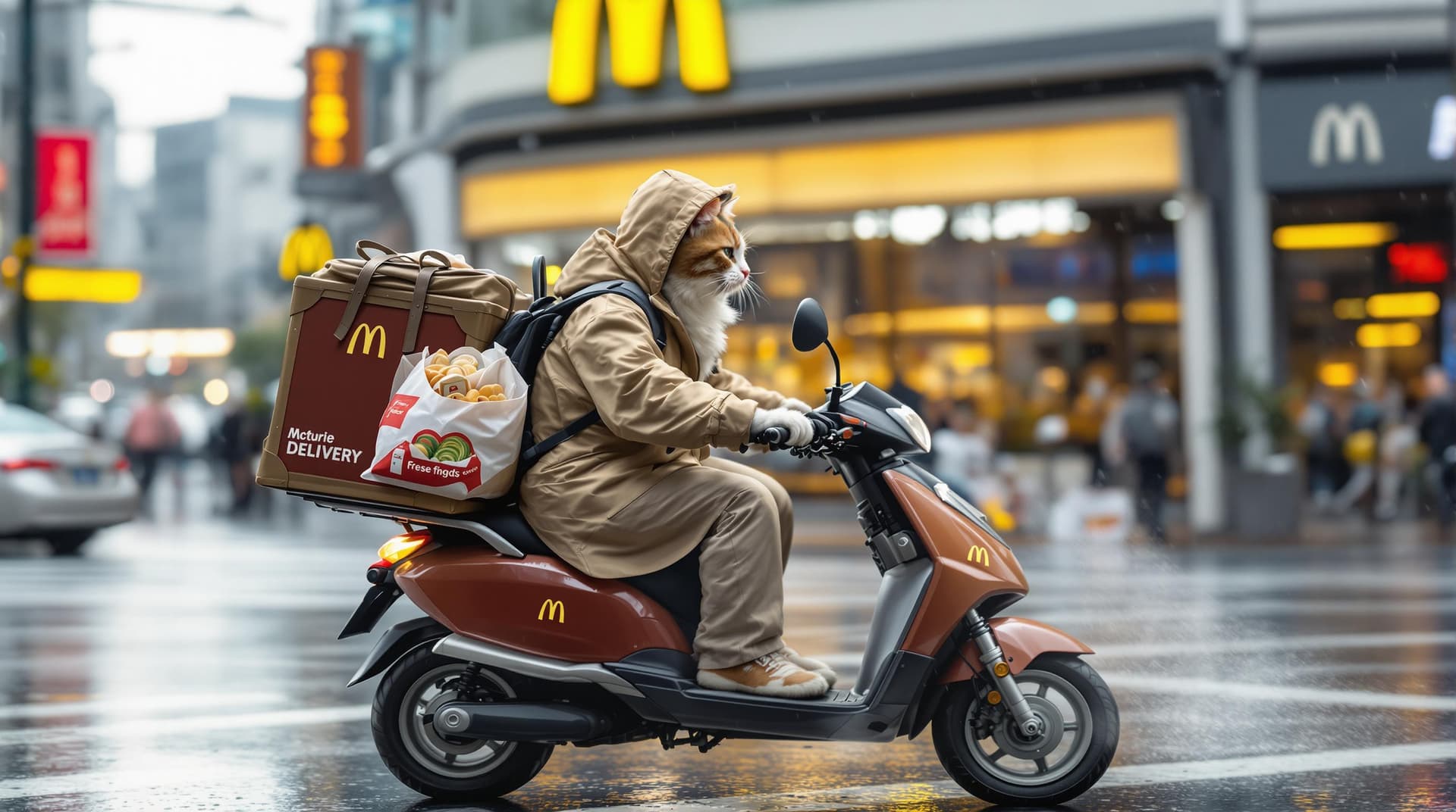 AI generated: Photography,  realistic, a cute cat wearing a McDonald's delivery uniformis riding an electric scoot...