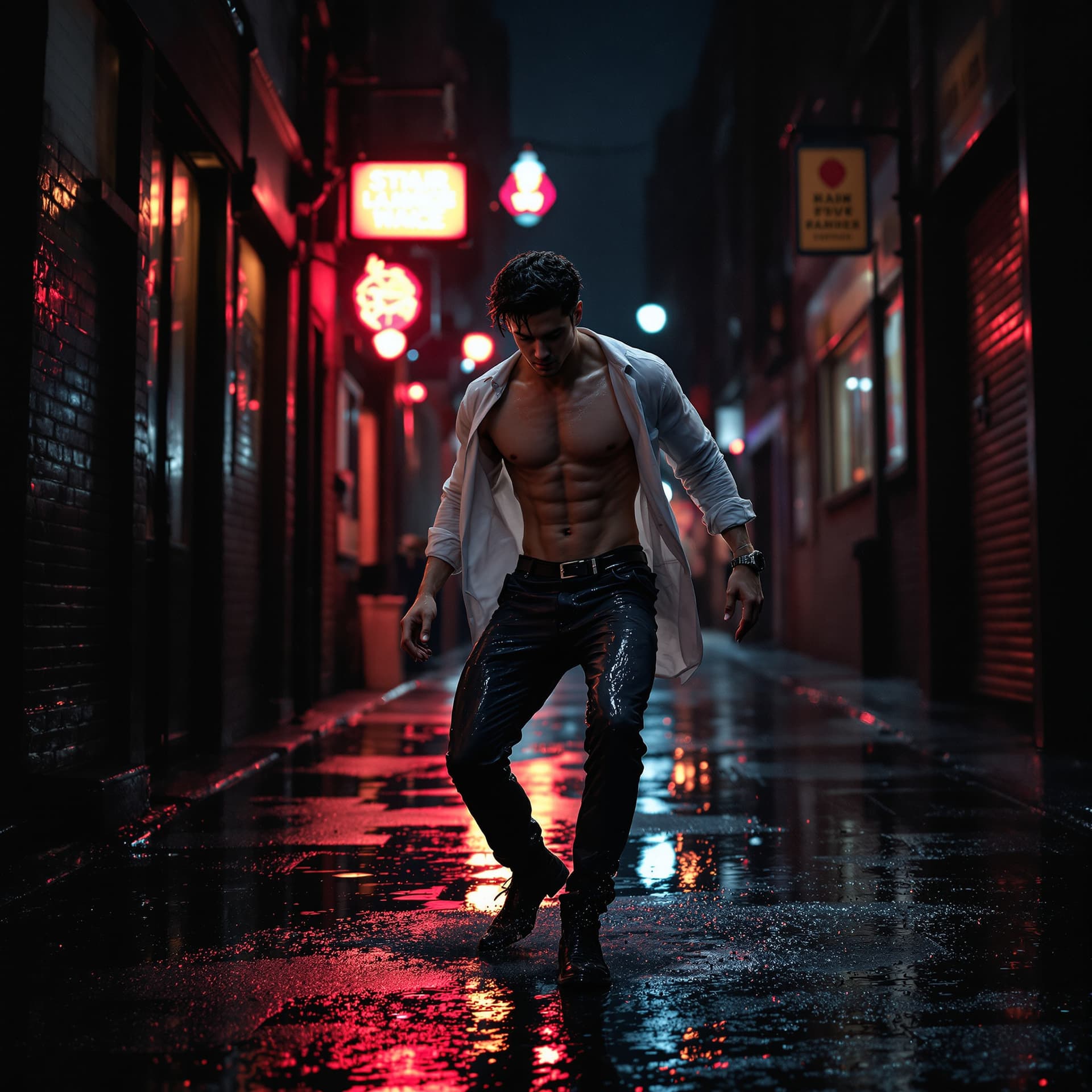 AI generated: cinematic photo of a young male dancer mid-movement in a wet New York alley at night, soaked white s...