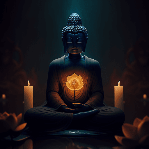 AI generated: A robed Buddha meditates in a lotus pose in a fantasy art piece by Fang Congyi. The scene is envelop...