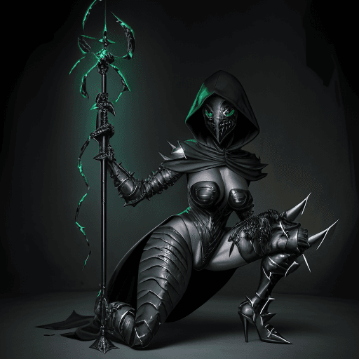 AI generated: Ultra-fine digital photoart of D'Vorah from Mortal Kombat, armored silhouette, high heel wedges blac...
